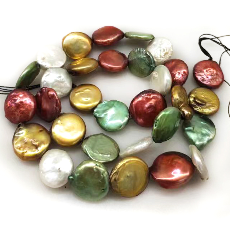 Natural Freshwater Pearl Strand Loose Beads - 16인치 13-14mm 멀티컬러 천연 코인 진주
