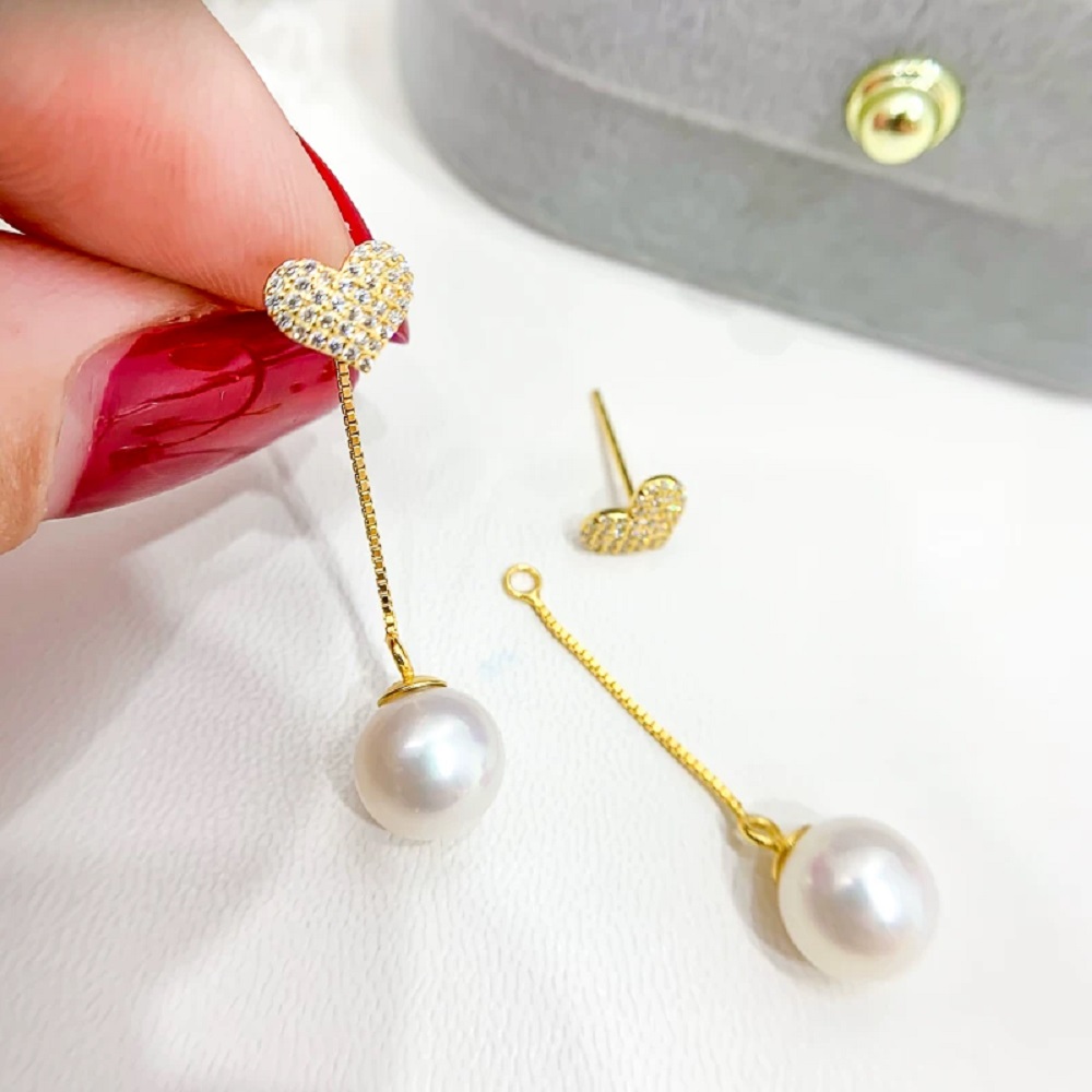 Akoya Pearl Stud Earrings Sterling Silver - 스플릿 투피스 AAAA8-9mm 패셔너블 하트 이어라인