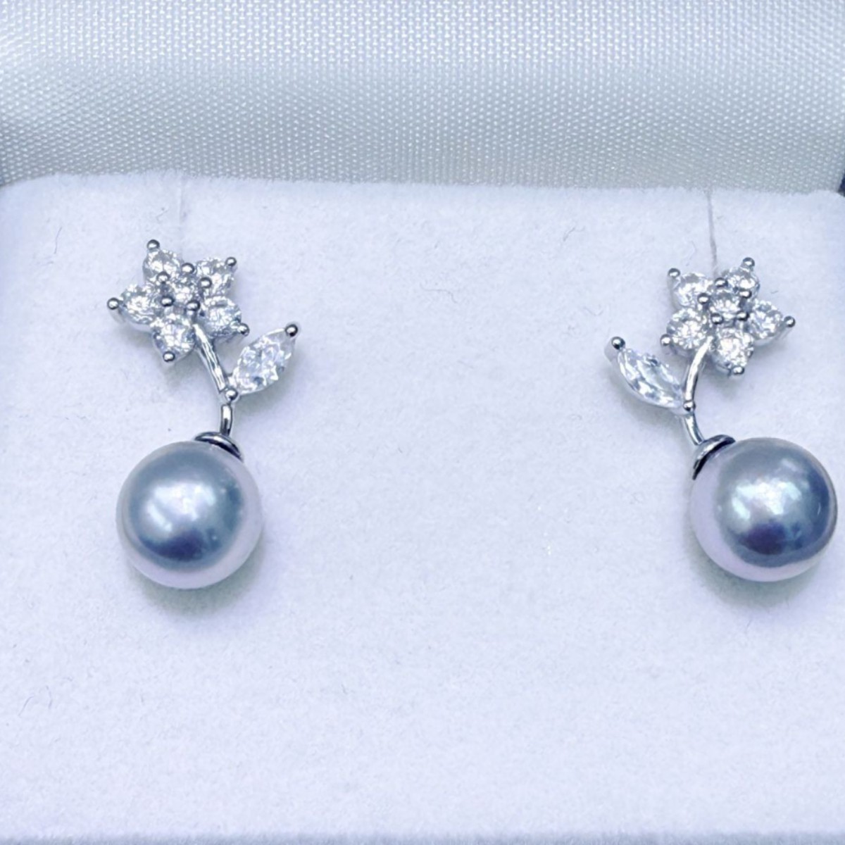 Akoya Pearl Stud Earrings Sterling Silver - 8~9mm 천연 해수 아코야 진주, 은회색,