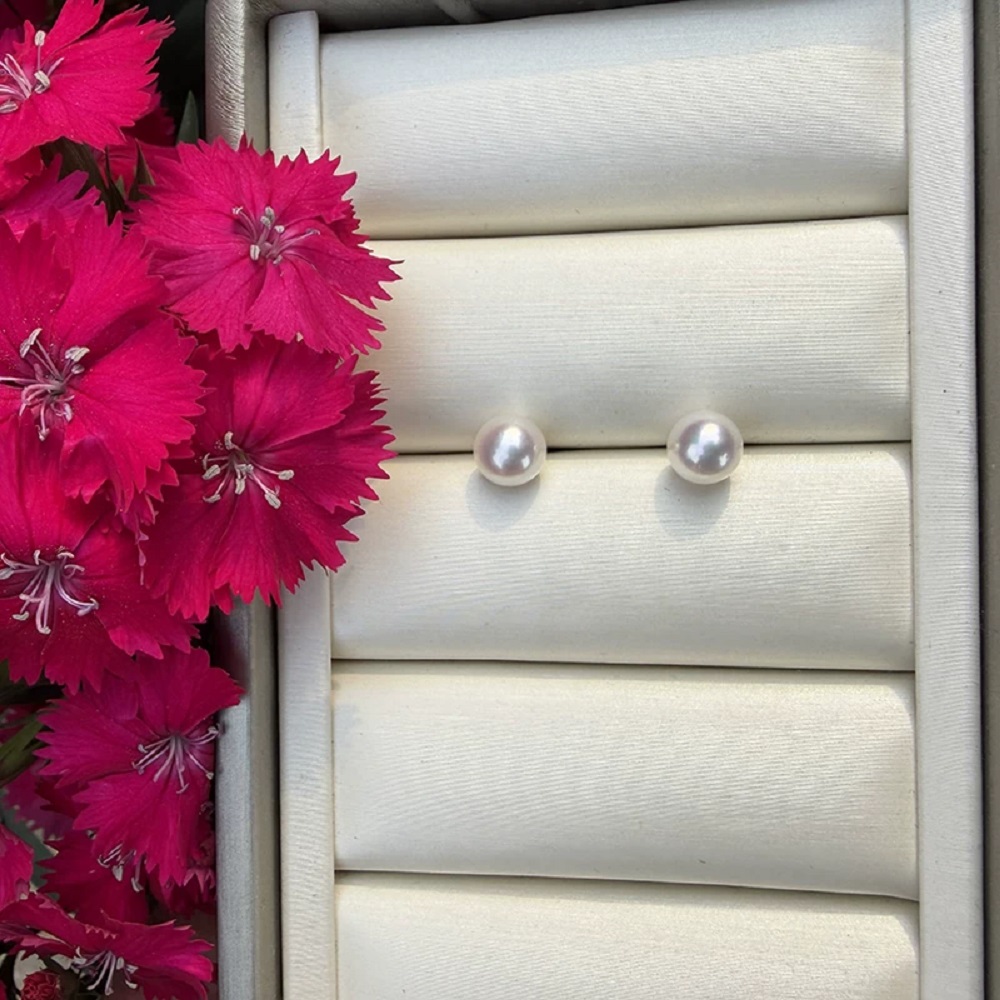 Akoya Pearl Stud Earrings Sterling Silver - 천연 화이트 아코야 AAAA8-9mm 진주 925