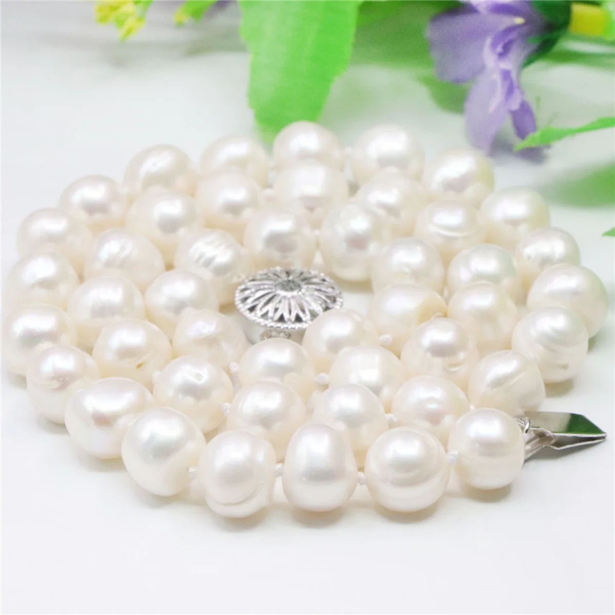 Freshwater Cultured Pearl Necklace 8-9Mm - 7-8/8-9mm 거의 둥근 모양의 흰색 아코야