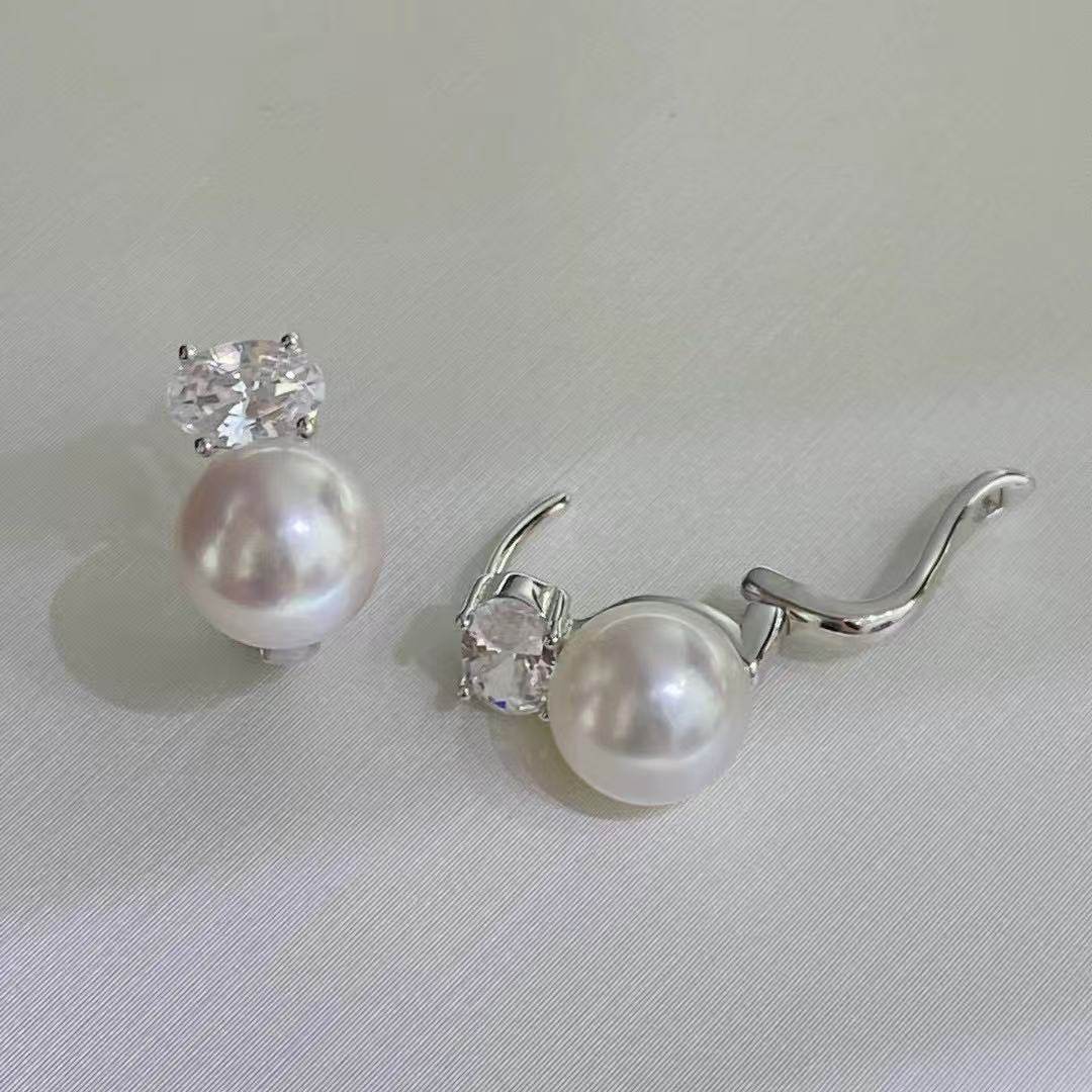 세련된 디자인의 새로운 타원형 지르콘 AAA8-9mm  - Akoya Pearl Stud Earrings Sterling Silver 리뷰 및 가격