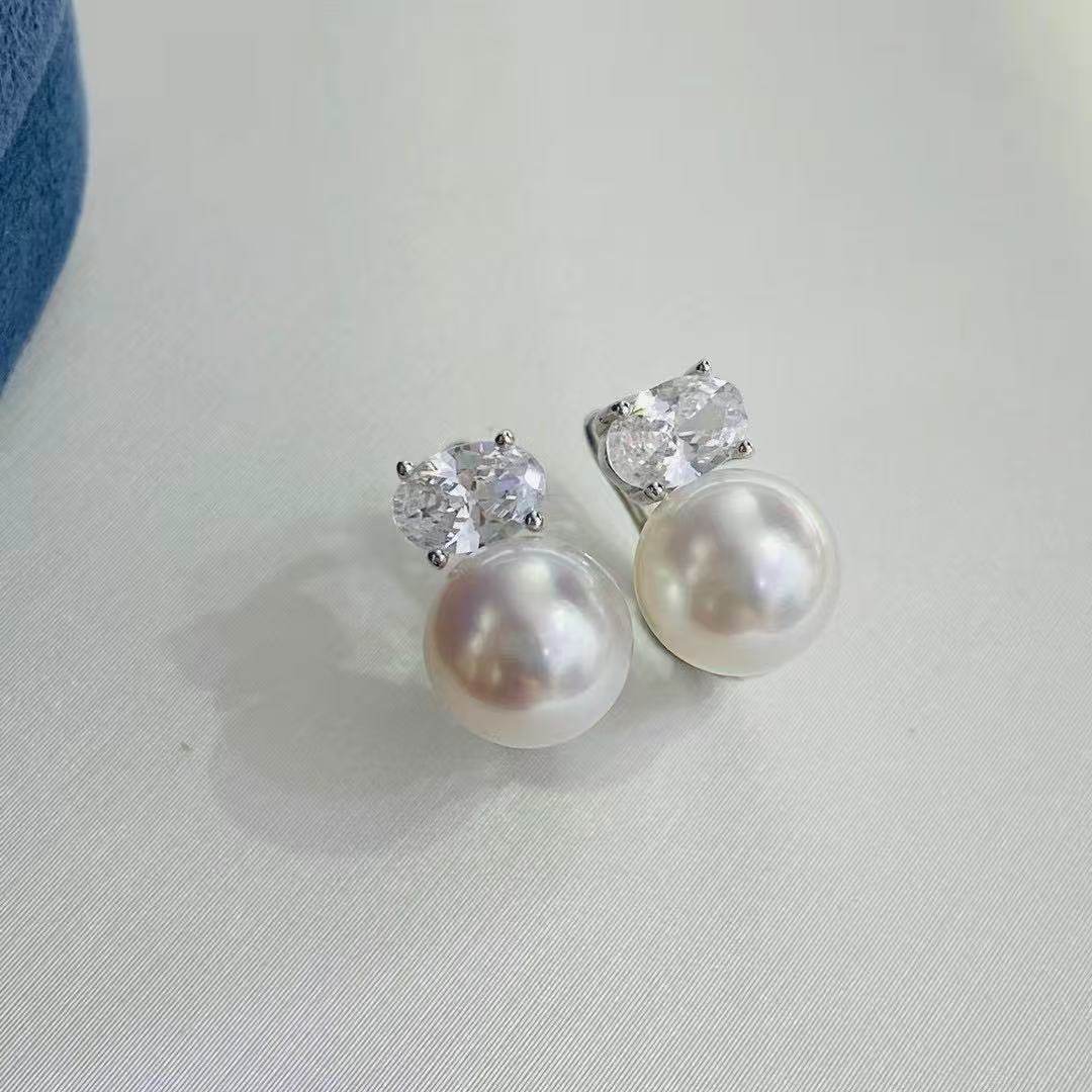 세련된 디자인의 새로운 타원형 지르콘 AAA8-9mm  - Akoya Pearl Stud Earrings Sterling Silver 리뷰 및 가격