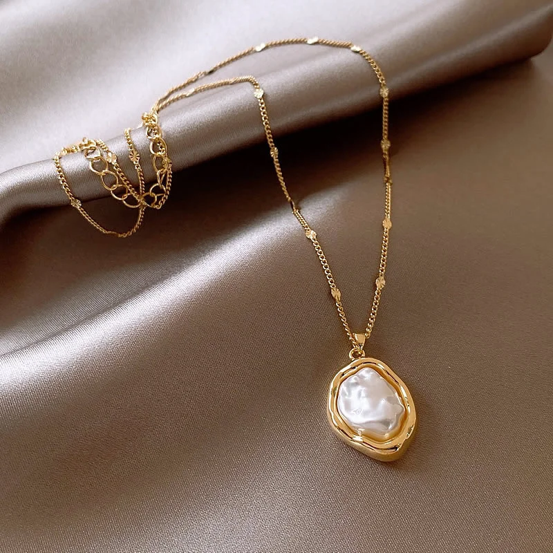 여성을위한 골드 컬러 바로크 모조 진주 목걸이 심플한  - Baroque Pearl Pendant Necklace Gold 리뷰 및 가격