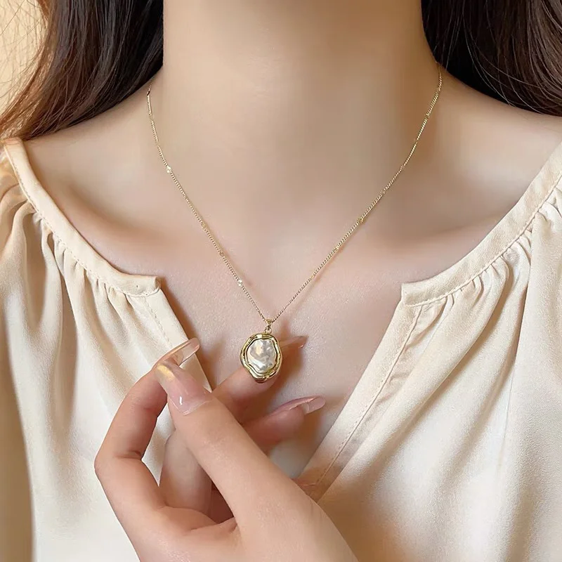 여성을위한 골드 컬러 바로크 모조 진주 목걸이 심플한  - Baroque Pearl Pendant Necklace Gold 리뷰 및 가격