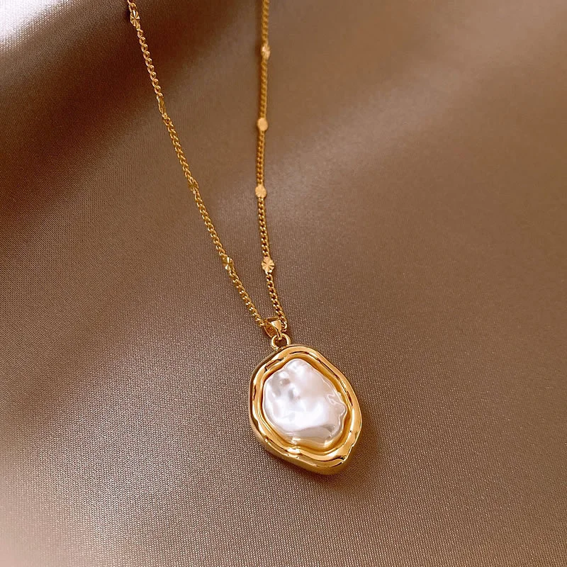 여성을위한 골드 컬러 바로크 모조 진주 목걸이 심플한  - Baroque Pearl Pendant Necklace Gold 리뷰 및 가격