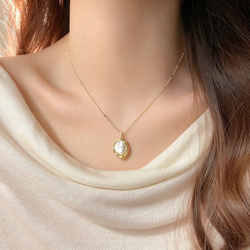 여성을위한 골드 컬러 바로크 모조 진주 목걸이 심플한  - Baroque Pearl Pendant Necklace Gold 리뷰 및 가격
