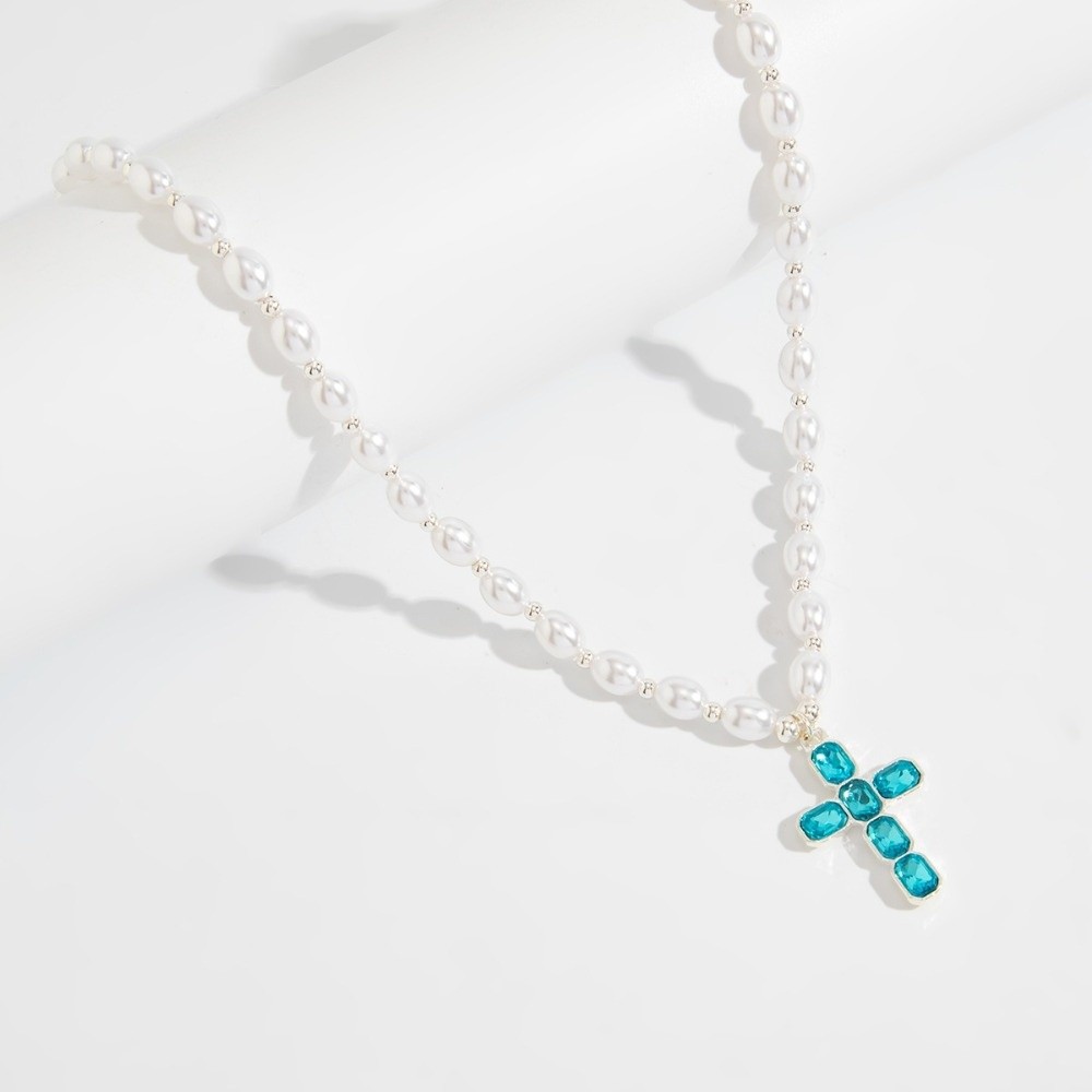새로운 크로스 펜던트, 진주 비즈, 블루 크리스탈 크로 - Silver Bead Clasps For Pearl Necklace 리뷰 및 가격