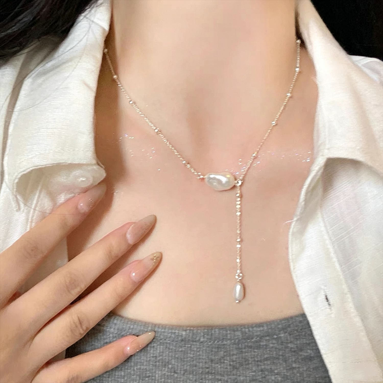 우아한 실버 컬러 비즈 진주 태슬 목걸이 여성용 롱 Y - Silver Bead Clasps For Pearl Necklace 리뷰 및 가격